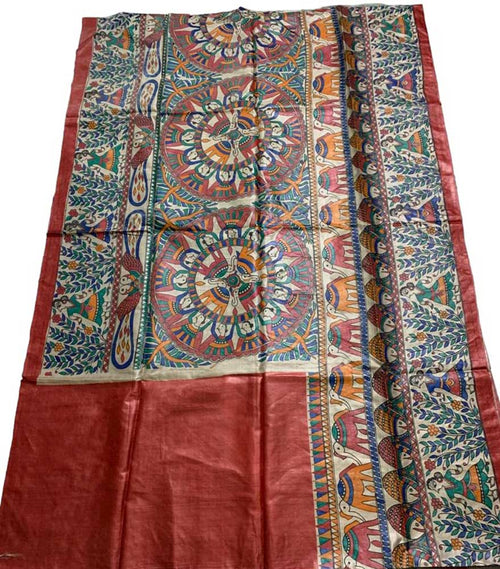 Multicolor Hand Painted Madhubani Tussar Silk Saree - Luxurion World