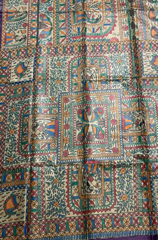 Multicolor Hand Painted Madhubani Tussar Silk Saree - Luxurion World