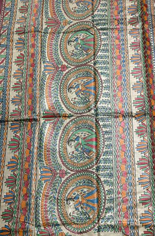 Multicolor Hand Painted Madhubani Tussar Silk Saree - Luxurion World