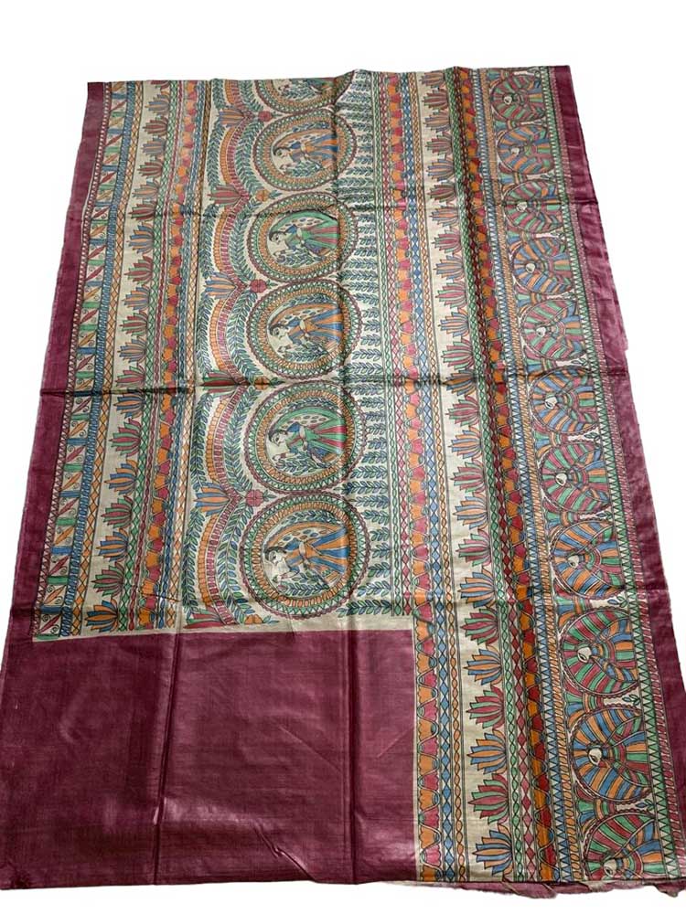 Multicolor Hand Painted Madhubani Tussar Silk Saree - Luxurion World