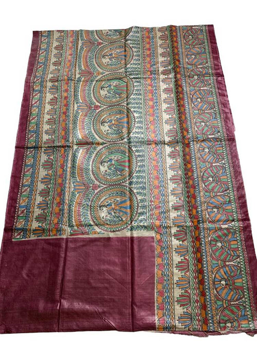 Multicolor Hand Painted Madhubani Tussar Silk Saree - Luxurion World
