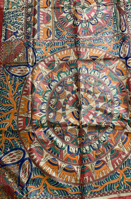 Multicolor Hand Painted Madhubani Tussar Silk Saree - Luxurion World