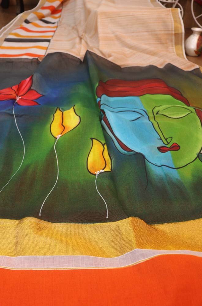 Hand Painted Kerala Cotton Saree - Vibrant Multicolor Design - Luxurion World