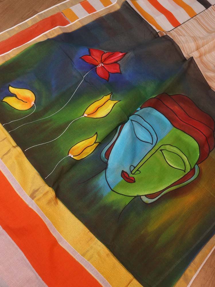 Hand Painted Kerala Cotton Saree - Vibrant Multicolor Design