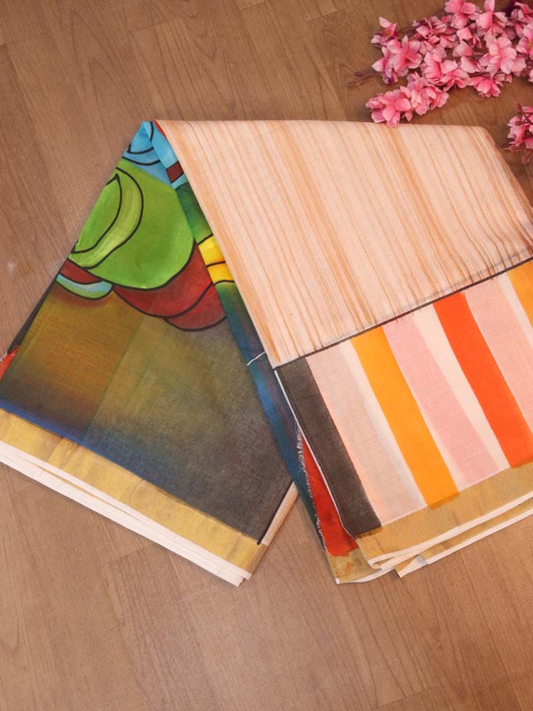 Hand Painted Kerala Cotton Saree - Vibrant Multicolor Design - Luxurion World