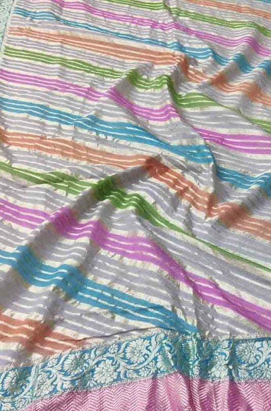 Multicolor Handloom Banarasi Brush Dye Pure Georgette Dupatta - Luxurion World