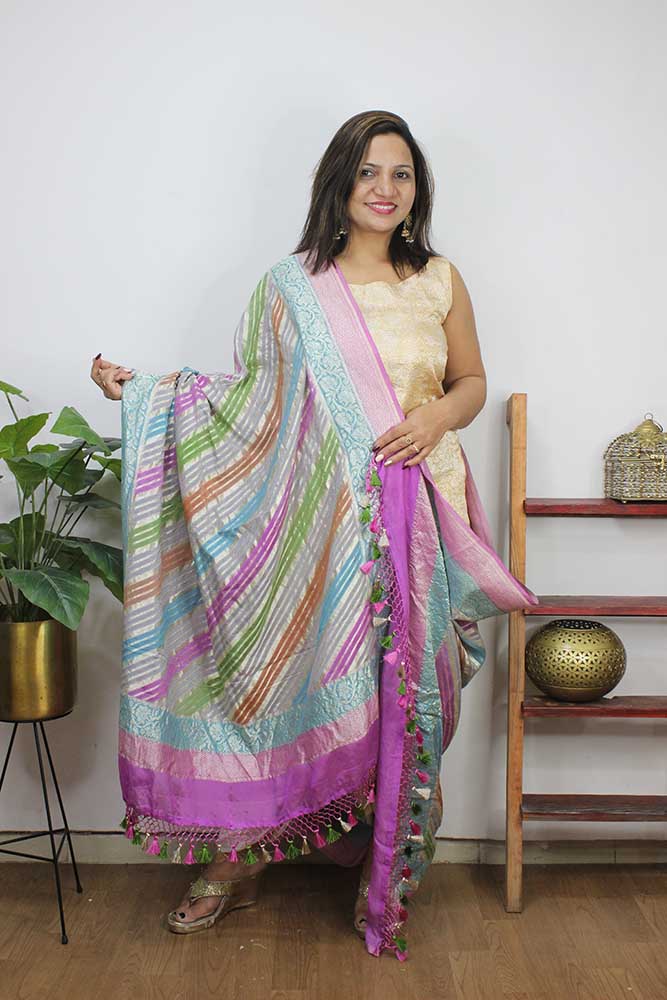 Multicolor Handloom Banarasi Pure Georgette Brush Dye Dupatta - Luxurion World
