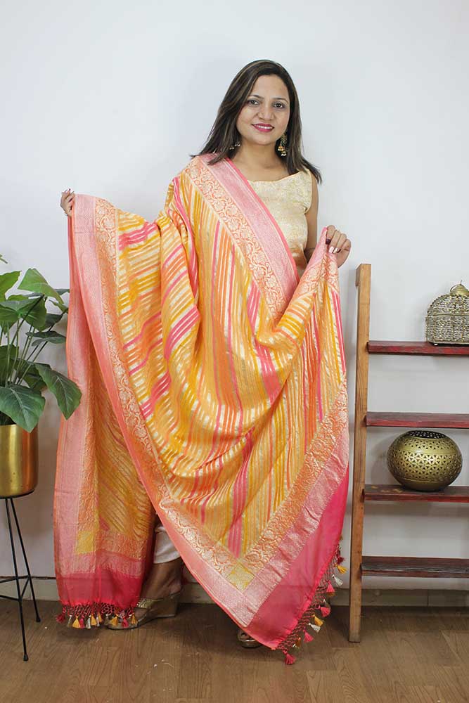 Multicolor Handloom Banarasi Pure Georgette Brush Dye Dupatta - Luxurion World