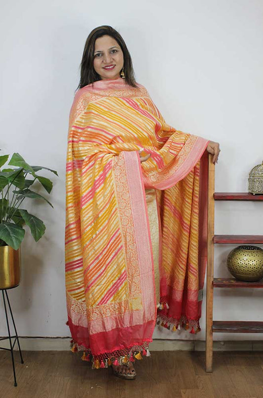 Multicolor Handloom Banarasi Pure Georgette Brush Dye Dupatta - Luxurion World