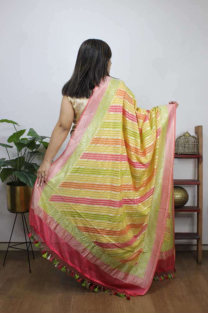 Multicolor Handloom Banarasi Pure Georgette Brush Dye Dupatta - Luxurion World