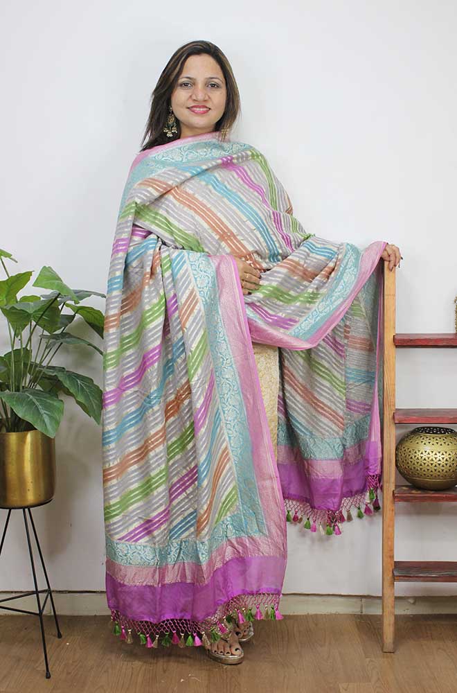 Multicolor Handloom Banarasi Pure Georgette Brush Dye Dupatta - Luxurion World