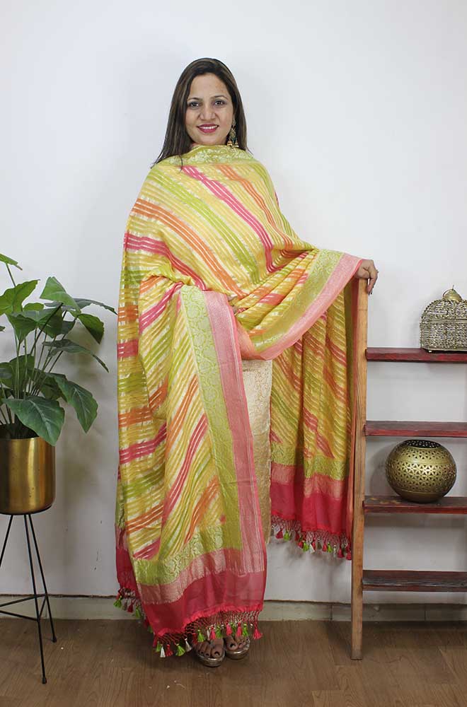 Multicolor Handloom Banarasi Pure Georgette Brush Dye Dupatta - Luxurion World