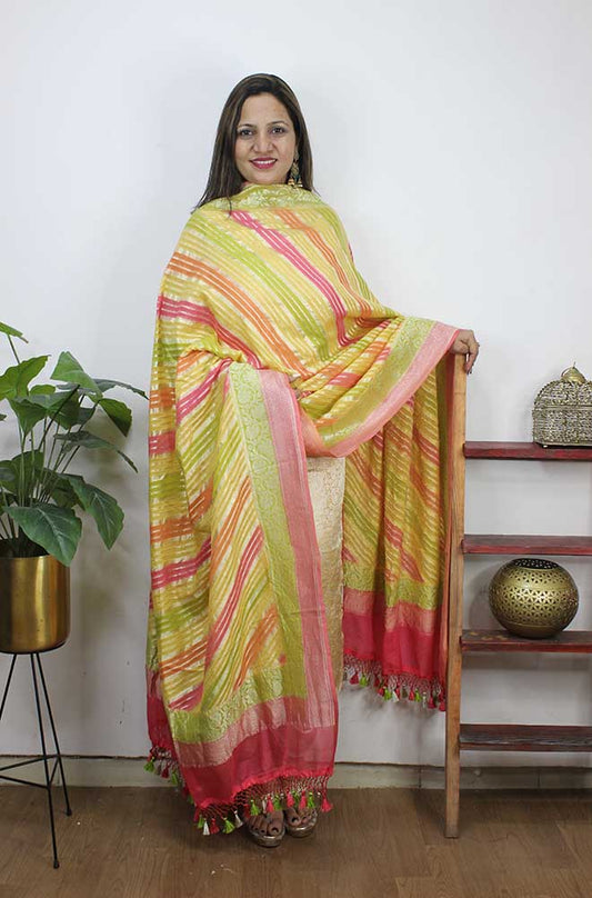Multicolor Handloom Banarasi Pure Georgette Brush Dye Dupatta - Luxurion World