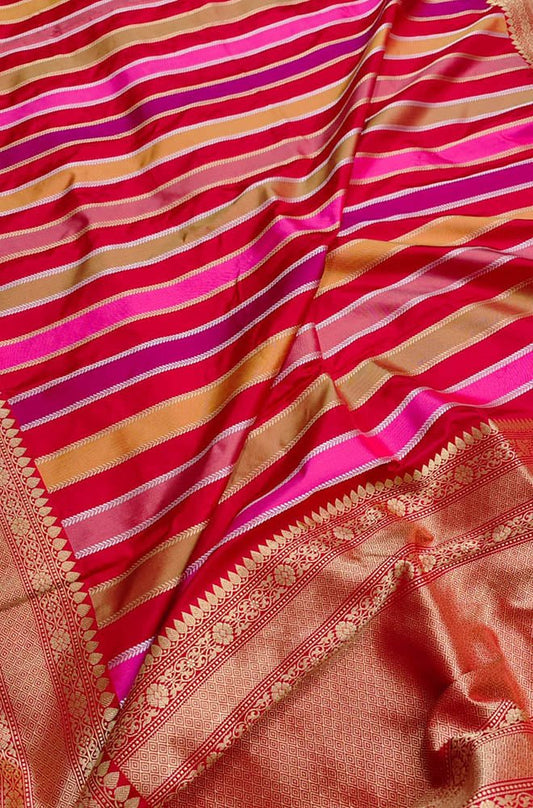 Multicolor Handloom Banarasi Pure Katan Silk Stripe Design Dupatta - Luxurion World