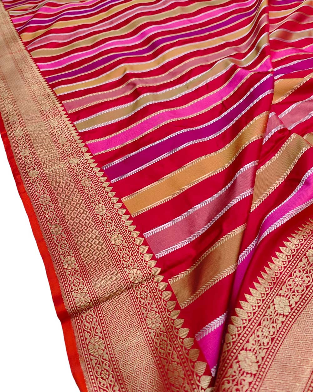 Multicolor Handloom Banarasi Pure Katan Silk Stripe Design Dupatta - Luxurion World