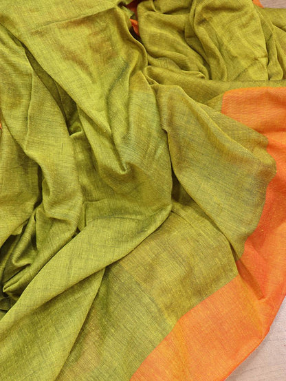 Green and Orange Handloom Plain Cotton Saree - Luxurion World