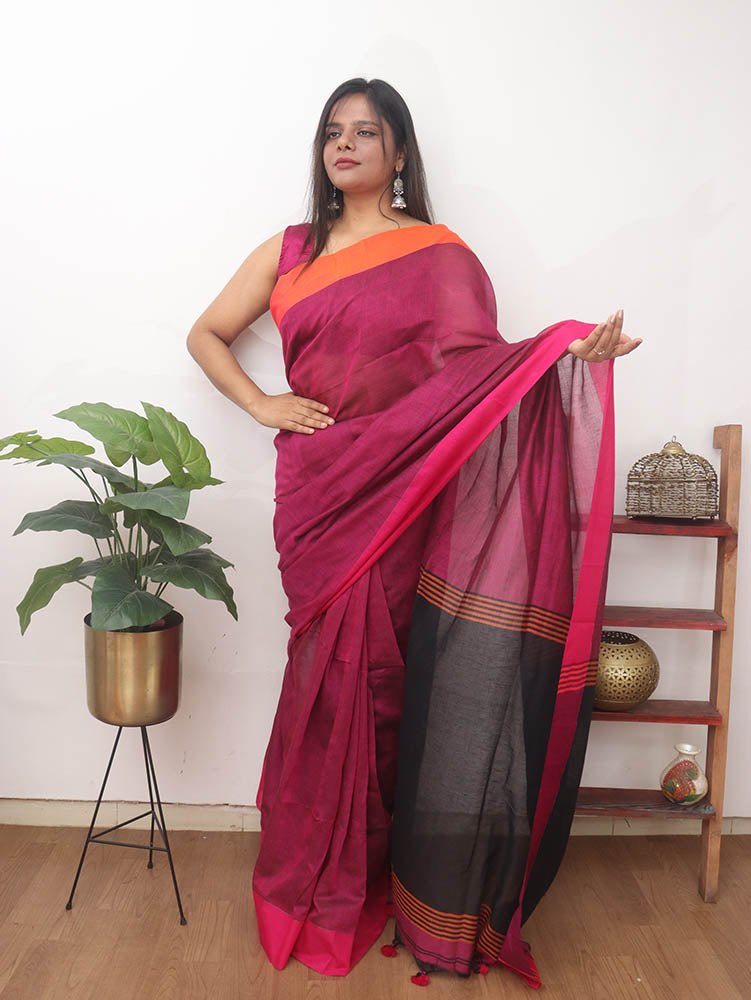 Pink Handloom with Ganga Jamuna Border Cotton Saree - Luxurion World