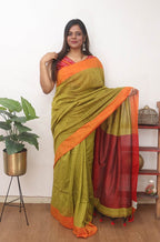 Green and Orange Handloom Plain Cotton Saree - Luxurion World