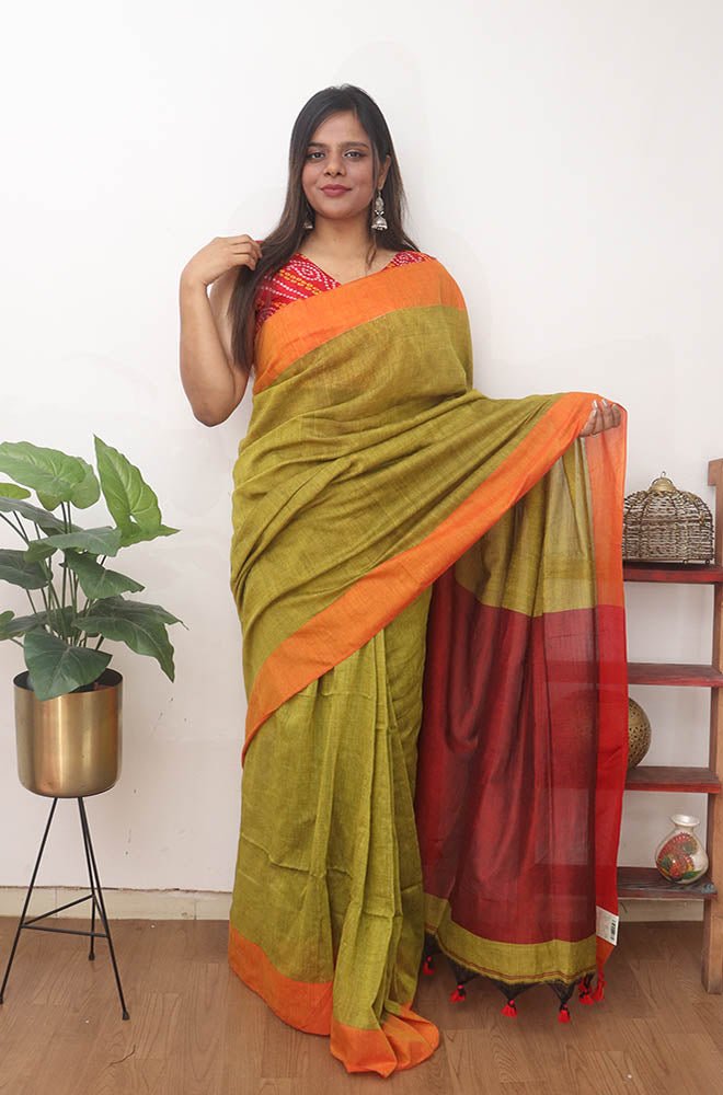 Green and Orange Handloom Plain Cotton Saree - Luxurion World