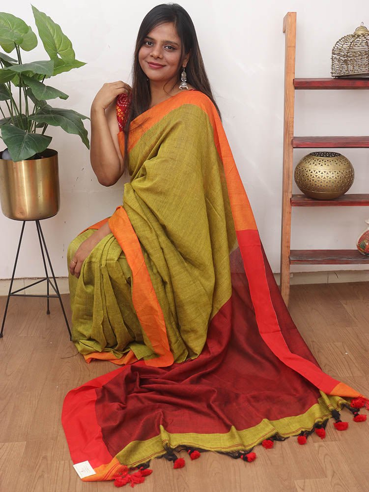 Green and Orange Handloom Plain Cotton Saree - Luxurion World