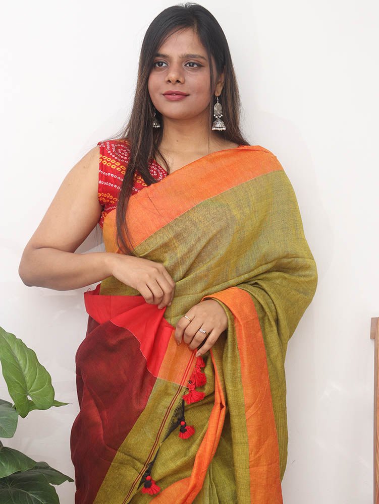 Green and Orange Handloom Plain Cotton Saree - Luxurion World