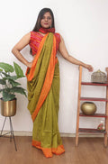 Green and Orange Handloom Plain Cotton Saree - Luxurion World