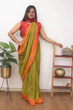 Green and Orange Handloom Plain Cotton Saree - Luxurion World