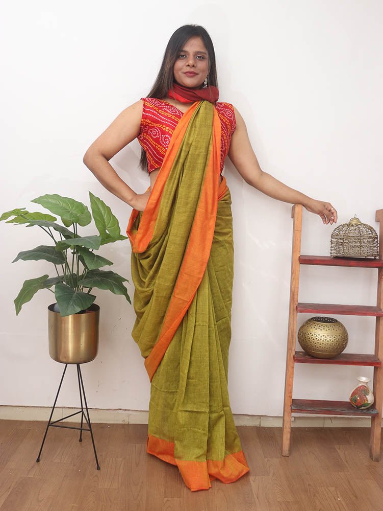 Green and Orange Handloom Plain Cotton Saree - Luxurion World