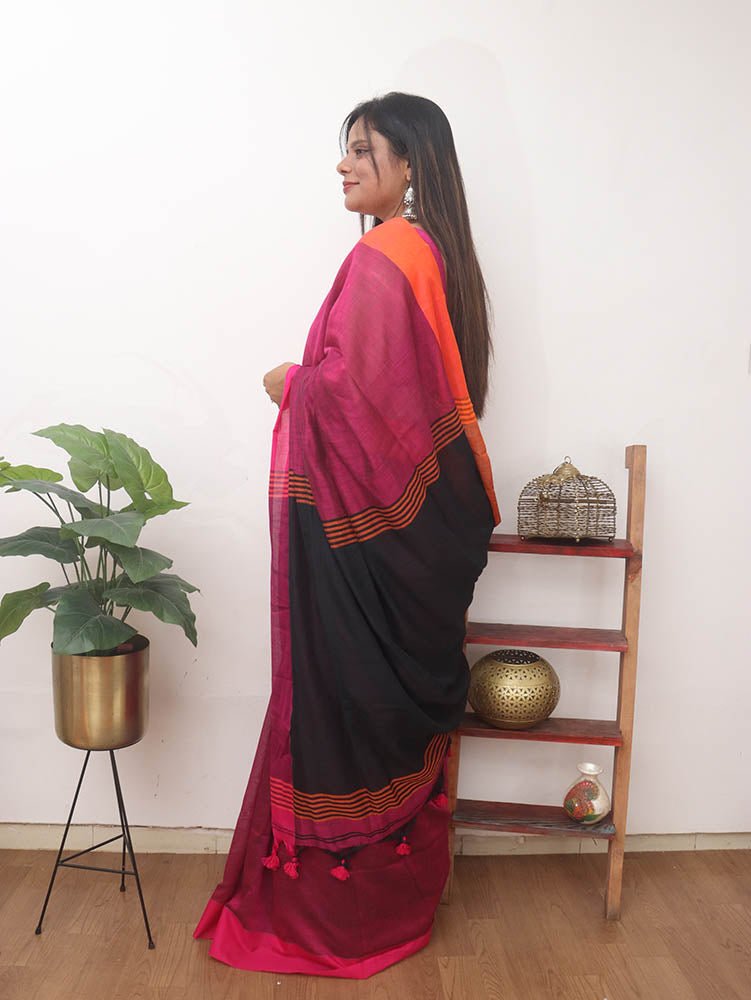 Pink Handloom with Ganga Jamuna Border Cotton Saree - Luxurion World
