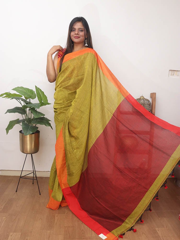 Green and Orange Handloom Plain Cotton Saree - Luxurion World