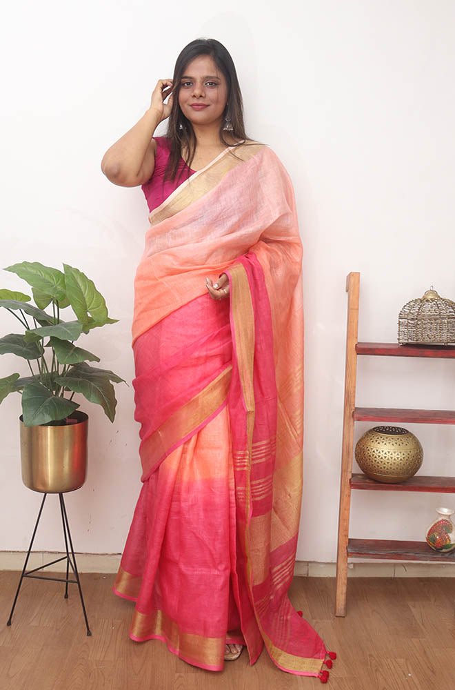Multicolor Handloom Pure Linen Shaded Dye Saree - Luxurion World