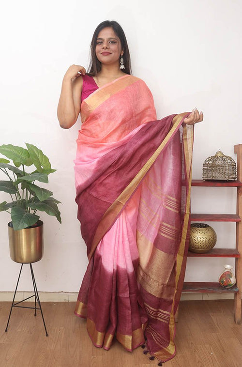 Multicolor Handloom Pure Linen Shaded Dye Saree - Luxurion World