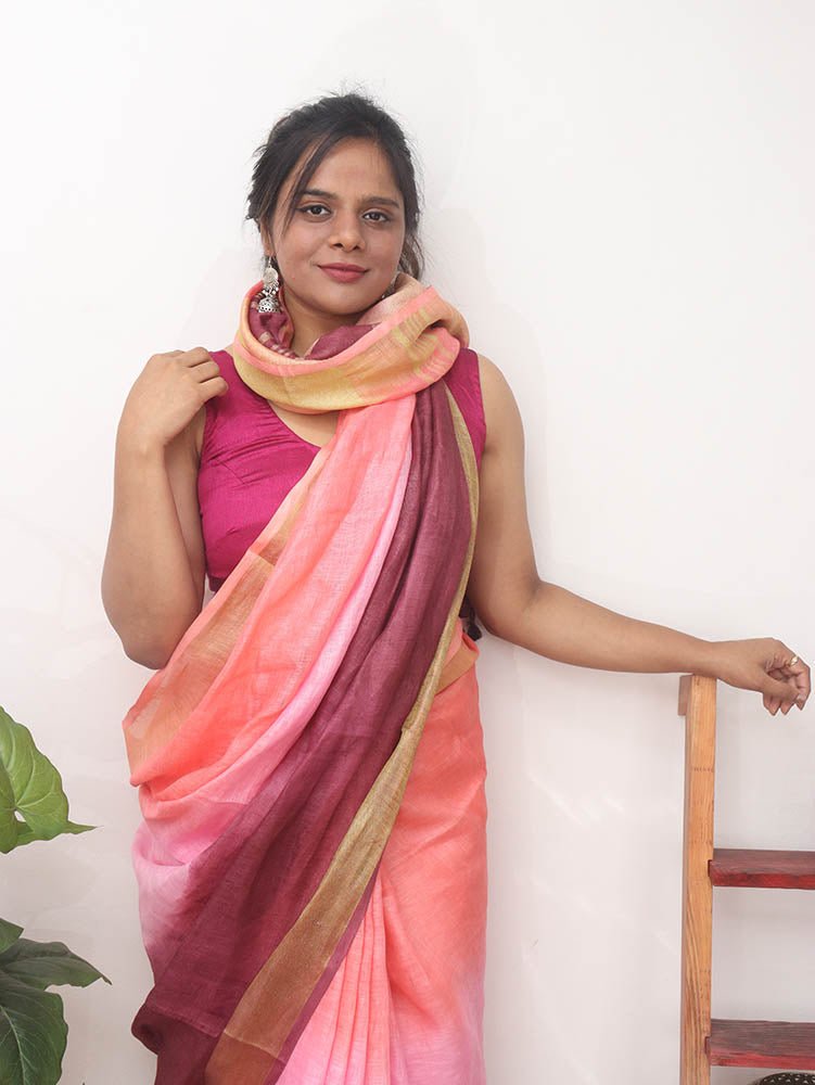 Multicolor Handloom Pure Linen Shaded Dye Saree - Luxurion World