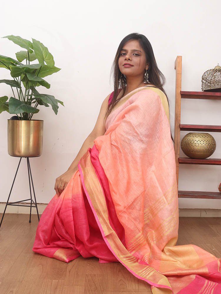 Multicolor Handloom Pure Linen Shaded Dye Saree - Luxurion World
