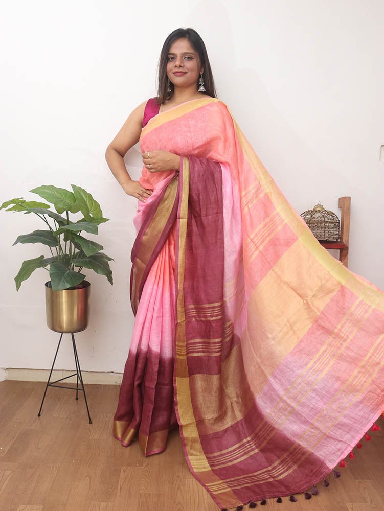 Multicolor Handloom Pure Linen Shaded Dye Saree - Luxurion World