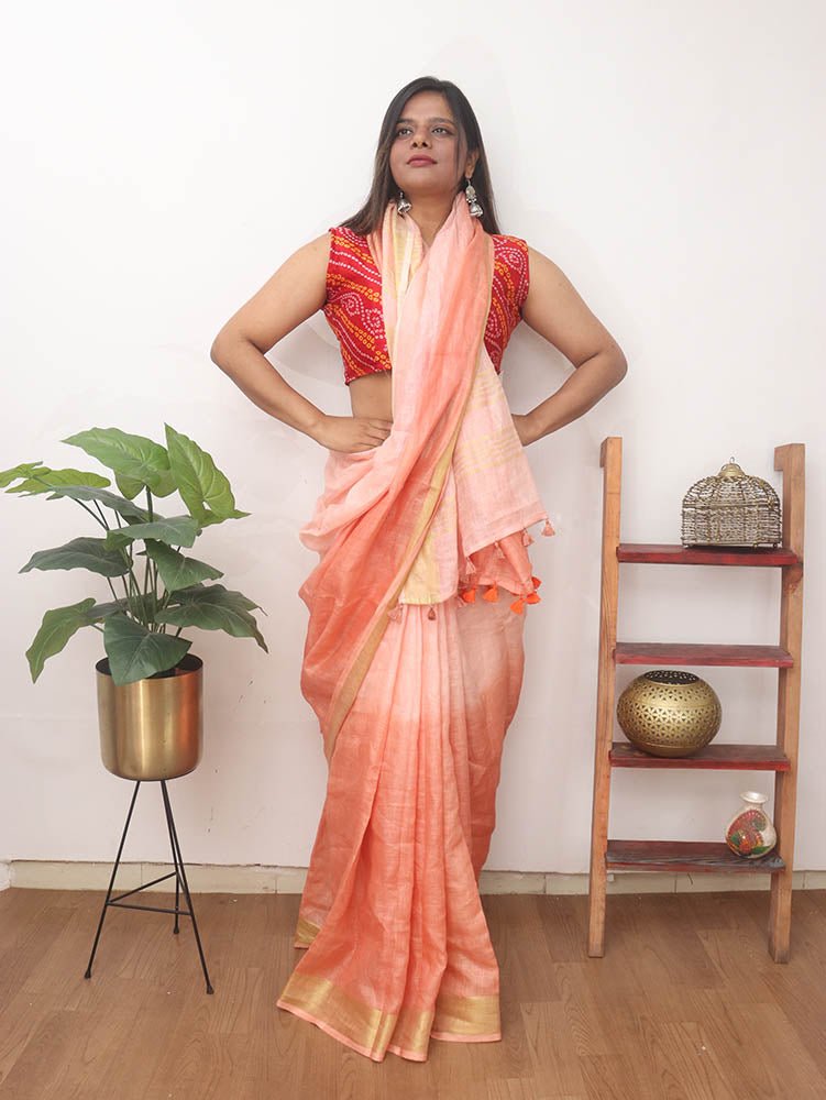 Multicolor Handloom Pure Linen Shaded Dye Saree - Luxurion World