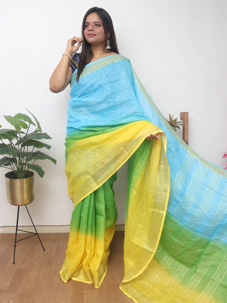 Multicolor Handloom Pure Linen Shaded Dye Saree - Luxurion World