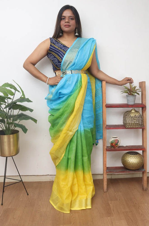 Multicolor Handloom Pure Linen Shaded Dye Saree - Luxurion World
