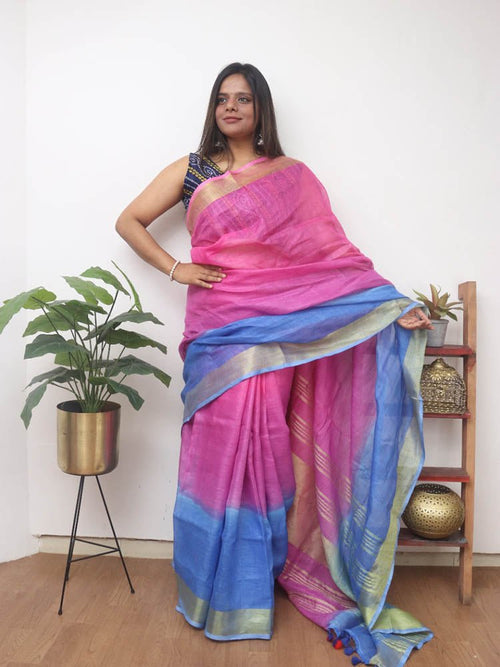 Multicolor Handloom Pure Linen Shaded Dye Saree - Luxurion World