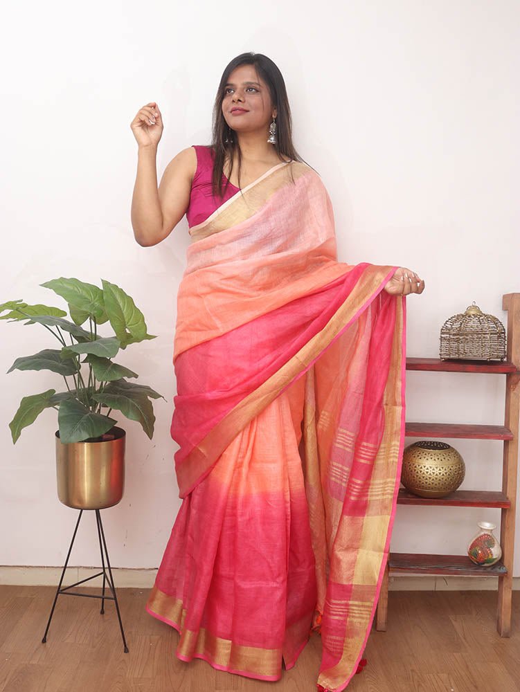 Multicolor Handloom Pure Linen Shaded Dye Saree - Luxurion World