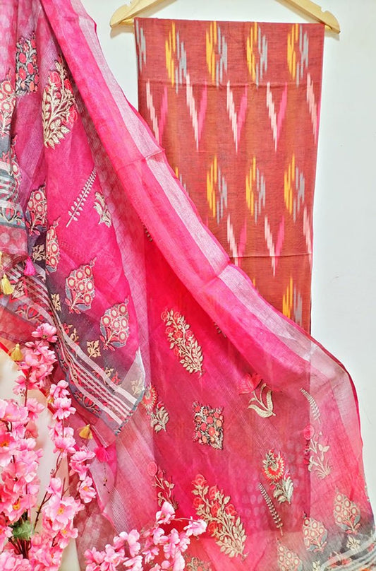 Multicolor Ikat Cotton Three Piece Unstitched Suit Set With Digital Printed Dupatta