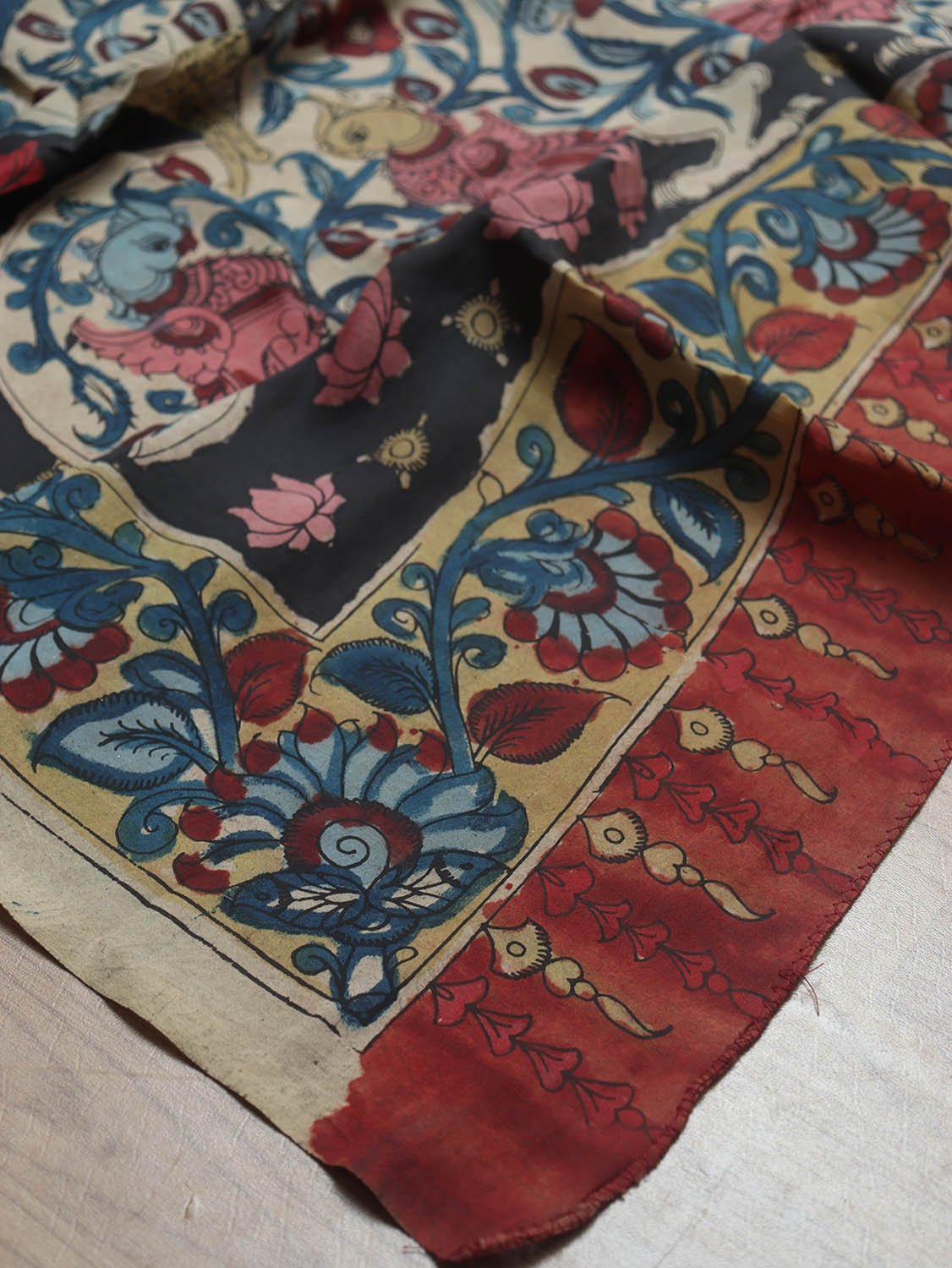 Multicolor Pen Kalamkari Pure Silk Dupatta - Luxurion World