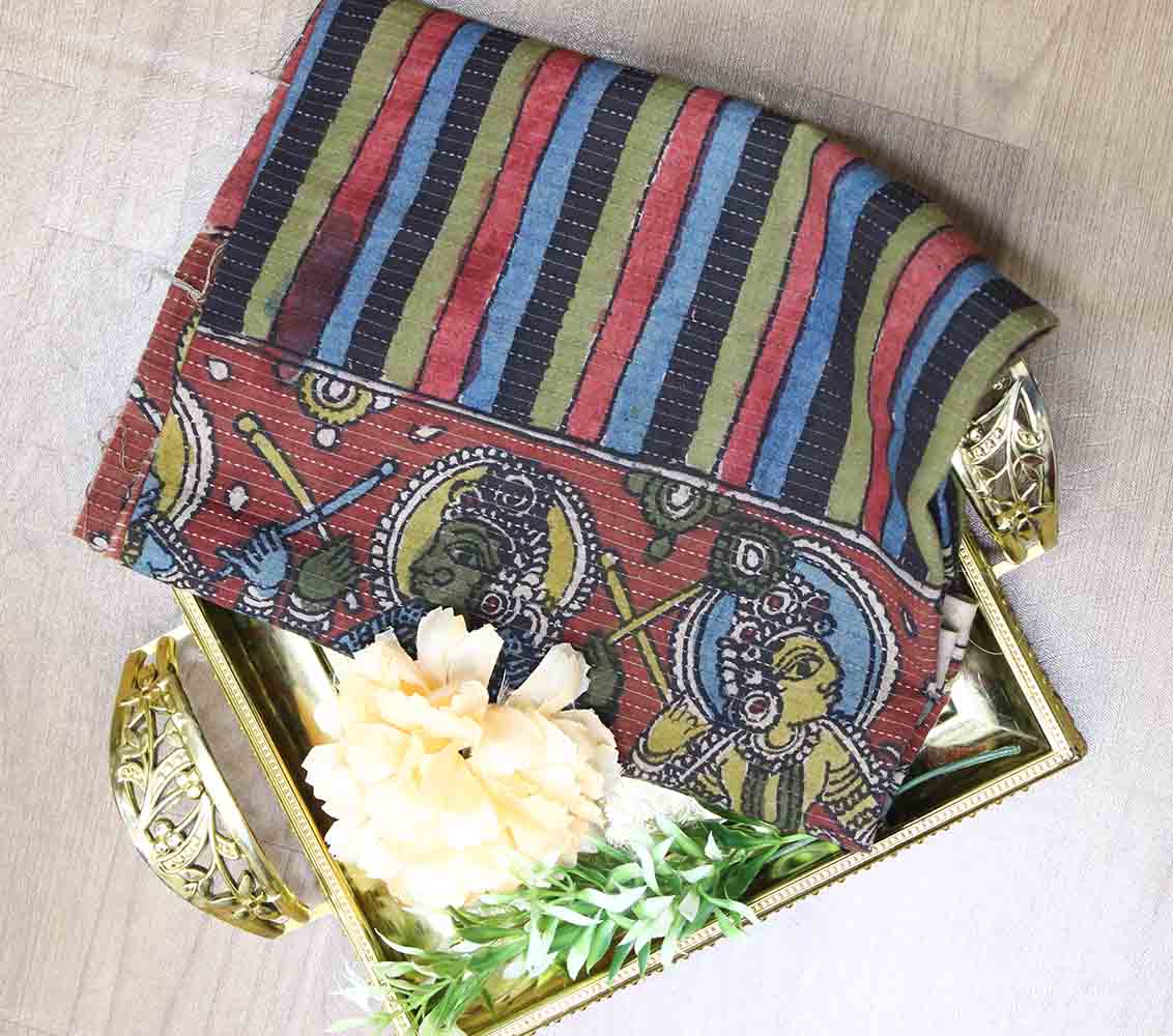 Multicolor Pen Kalamkari Pure Silk Fabric (1 Mtr )
