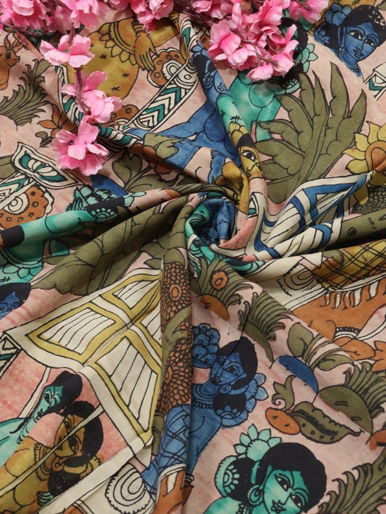 Multicolor Pen Kalamkari Pure Silk Fabric ( 1 Mtr ) - Luxurion World