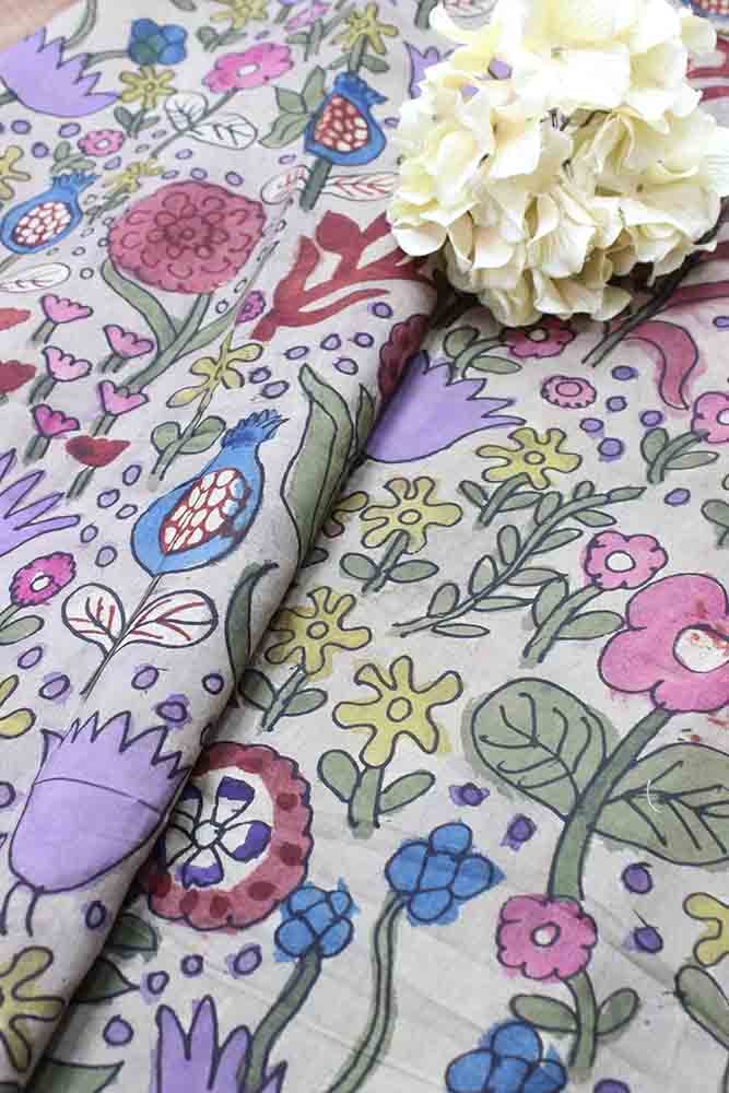 Multicolor Pen Kalamkari Pure Silk Fabric (1 Mtr ) - Luxurion World