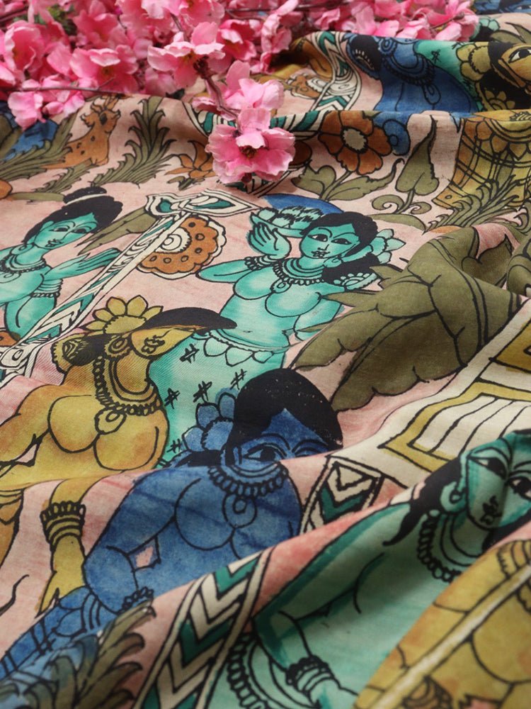 Multicolor Pen Kalamkari Pure Silk Fabric ( 1 Mtr )