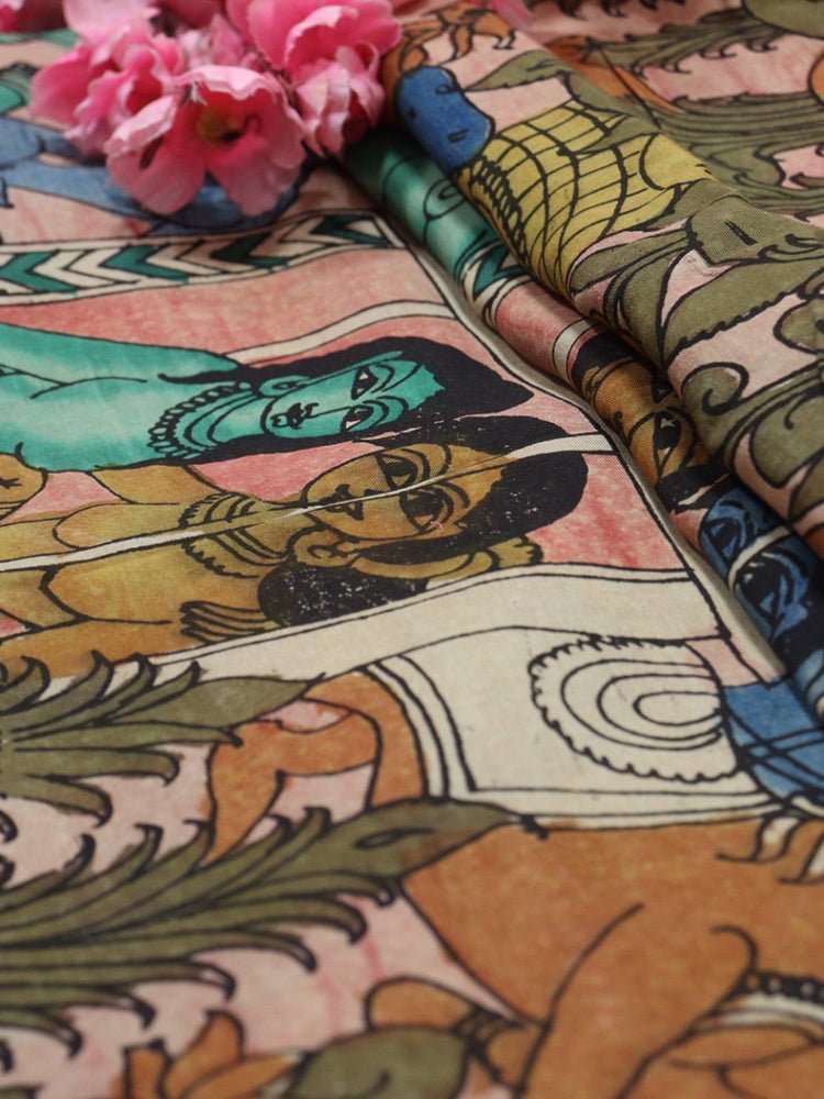 Multicolor Pen Kalamkari Pure Silk Fabric ( 1 Mtr )