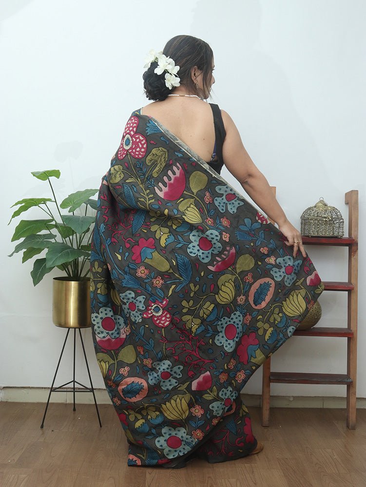 Multicolor Pen Kalamkari Pure Silk Saree - Luxurion World