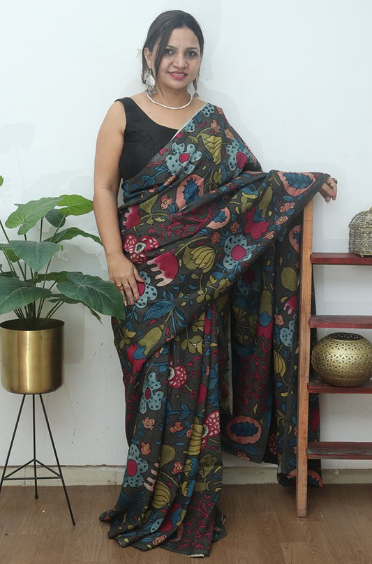 Multicolor Pen Kalamkari Pure Silk Saree - Luxurion World