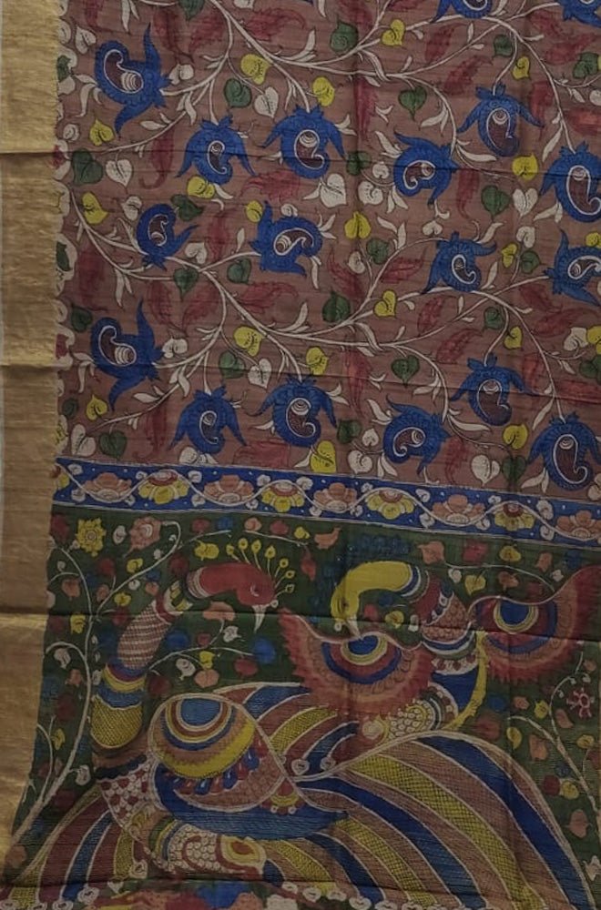Multicolor Pen Kalamkari Pure Tussar Silk Saree - Luxurion World